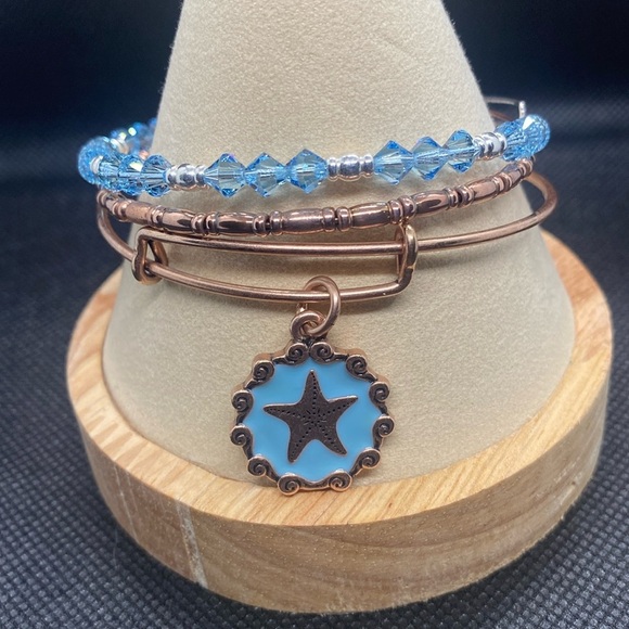 Alex and Ani Set of 3 Starfish Charm Bangle Bracelet/Crystal & RG Beaded/GC - Picture 2 of 6
